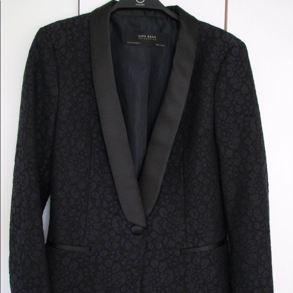 NWT Zara Navy Blue Lace Black Trim Tuxedo Jacket - Picture 5 of 8